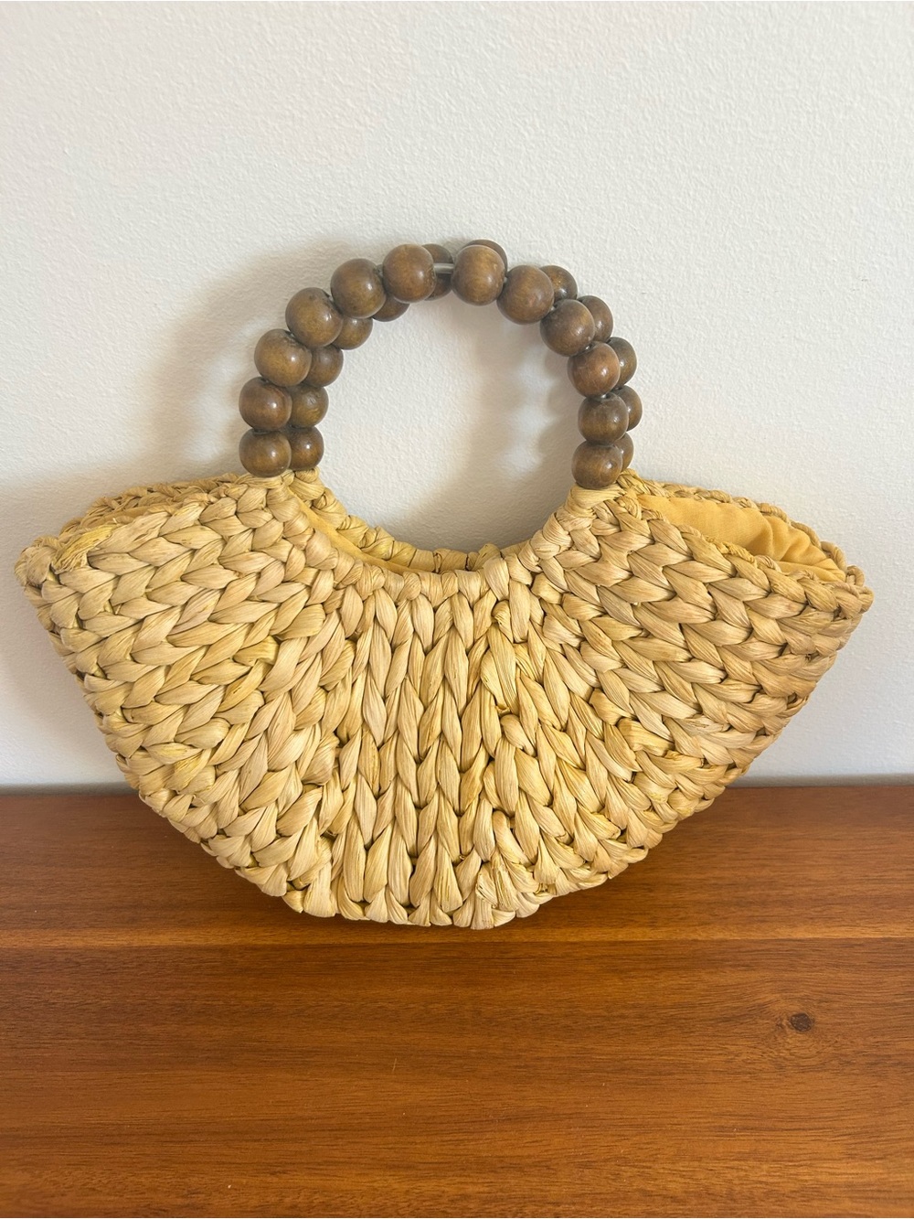 Woven Straw Handbag with Wooden Bead Handles - Natural